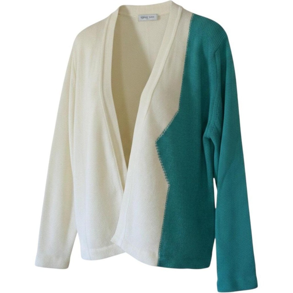 Vintage Designer Originals Color-Block Knit Cardigan Large  Teal Cream 80s